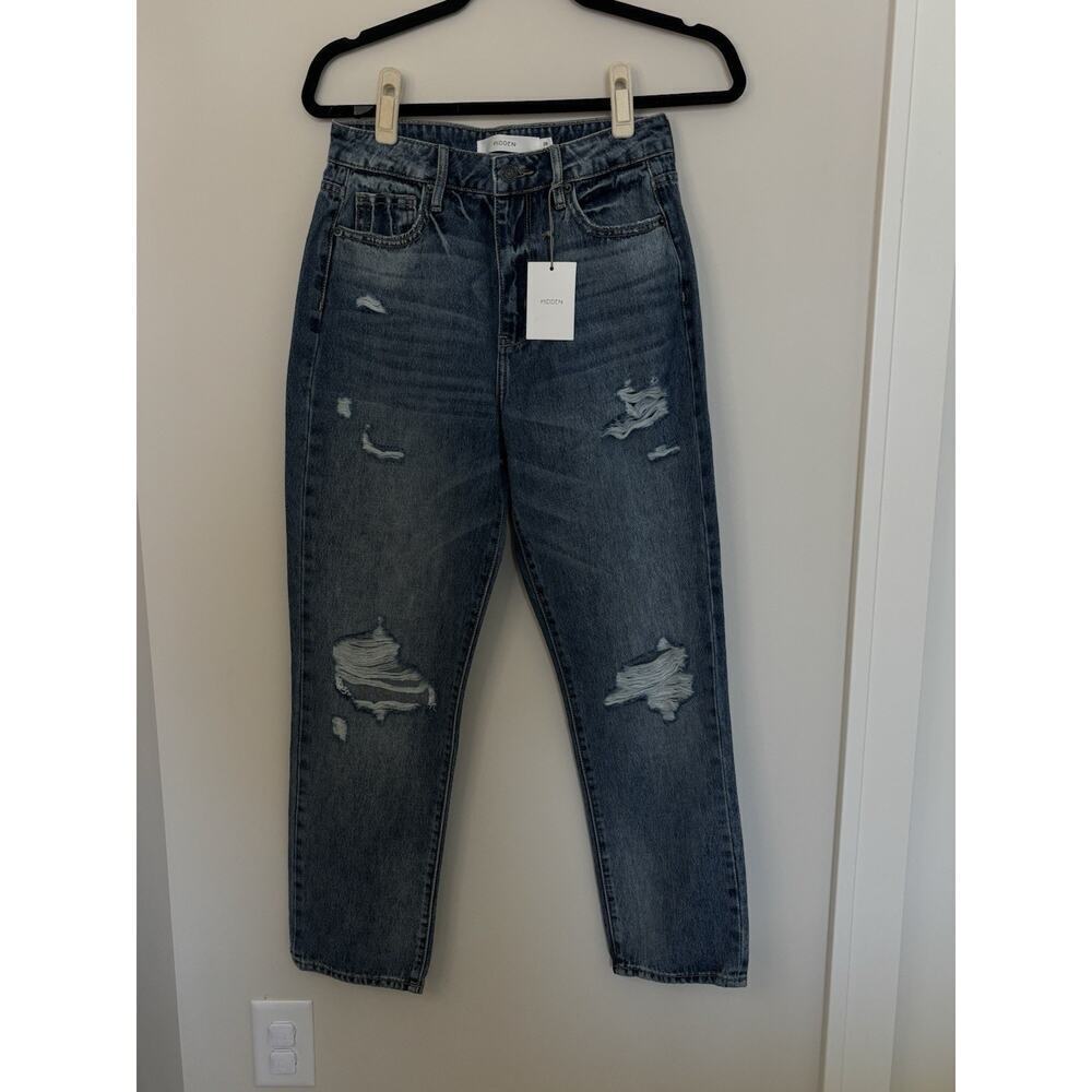 Hidden Jeans Womens 26 High Rise Blue Medium Wash Straight Distressed Timeless